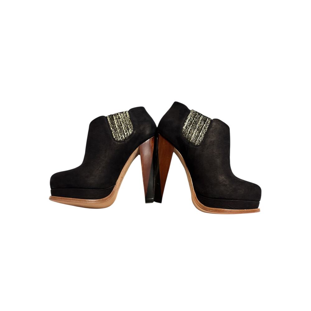 FINSK Ankle Booties EU 36 Black Suede Wood Heel Gold Elastic Panel